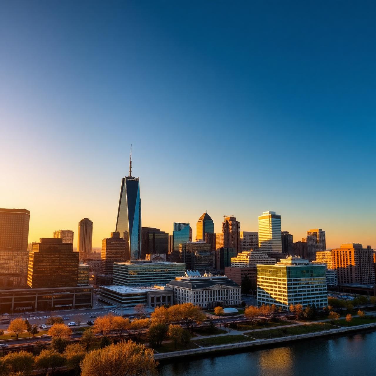 Aerial view of the Omaha, Nebraska downtown skyline at golden hour